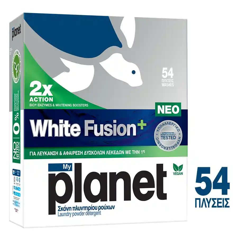 Planet White Fusion Απορρυπαντικό Πλυντηρίου Ρούχων Σκόνη 54mez. 2,484kg.