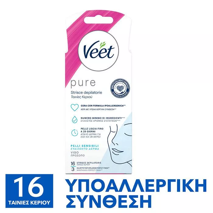 VEET Ταινίες Αποτρίχωσης Προσώπου Κρύο Κερί με Υποαλλεργική Σύνθεση 16τμχ.