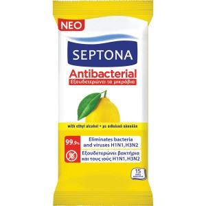 Septona Υγρομάντηλα Αντιβακτηριακά Λεμόνι 15 Τεμάχια