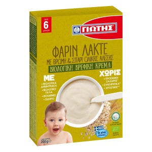 Γιώτης Βρεφική Κρέμα Φαρίν Λακτέ Με Βρώμη & Σιτάρι Ολικής Άλεσης 6+ Μηνών Χωρίς Ζάχαρη Βιολογική 200 gr